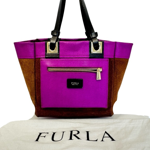 FURLA Suede Reversible Violet & Mocha Italian Leather Tote w/ Dustbag! - Picture 6 of 14